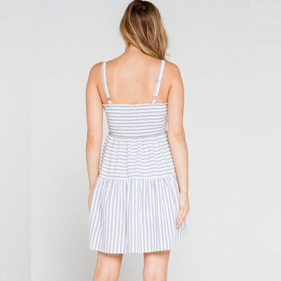LUMIERE Urban Outfitters Stripe Smocked Blue & White Babydoll Dress Size Large - Picture 3 of 13